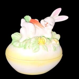 Title: Vintage Lefton China Bunny Rabbit Floral Easter Egg Trinket Box 5540